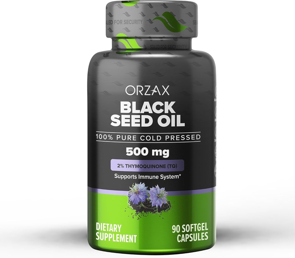 ORZAX Black Seed Oil Cold Pressed 100% Pure | Non-GMO - Rich in Omega 3 6 9 & Thymoquinone | Black Cumin Nigella Sativa Oil for Immune Support, Hair, Skin, Face (500 mg - 90 Softgel Capsules)