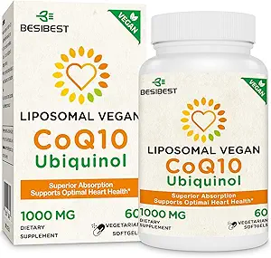1000mg Liposomal CoQ10 Ubiquinol,60 Vegan软胶,高吸附Ubiquinol CoQ10 补充剂,主动抗氧化剂形式 Coenzyme Q10 用于心脏健康和能源生产