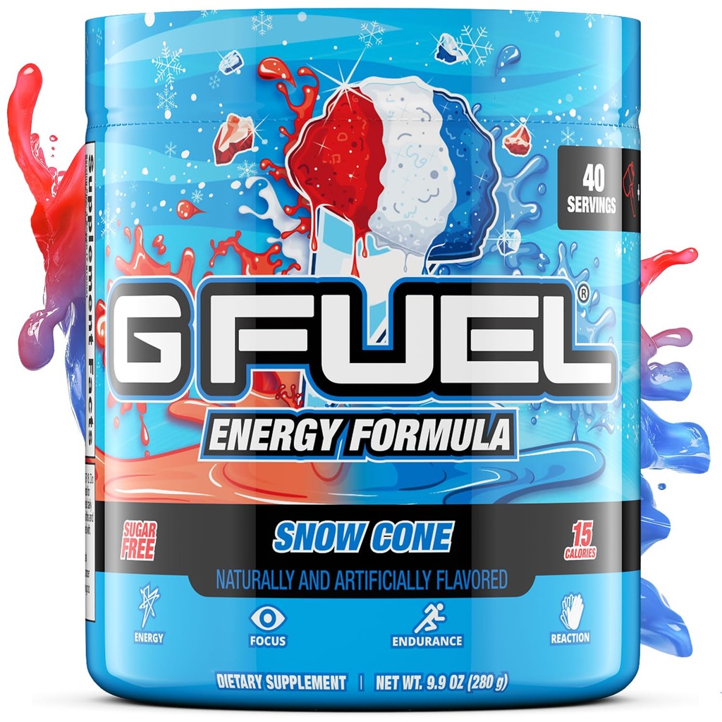 G Fuel Snow Cone Energy Drinking Powder, Pre Workout Cafeine Mix for Gaming, 无糖聚焦氨基,维生素+抗氧化剂, 9.9oz(雪锥, 40 services)