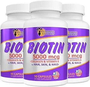 阳光自然生物素膳食补充剂. 健康皮,Thicker Hair, Nail Growth. Collagen),维生素A,B用于头发丢失,美容,细胞更新,Scalp健康. 5000mcg,90卡普尔. 包装 3