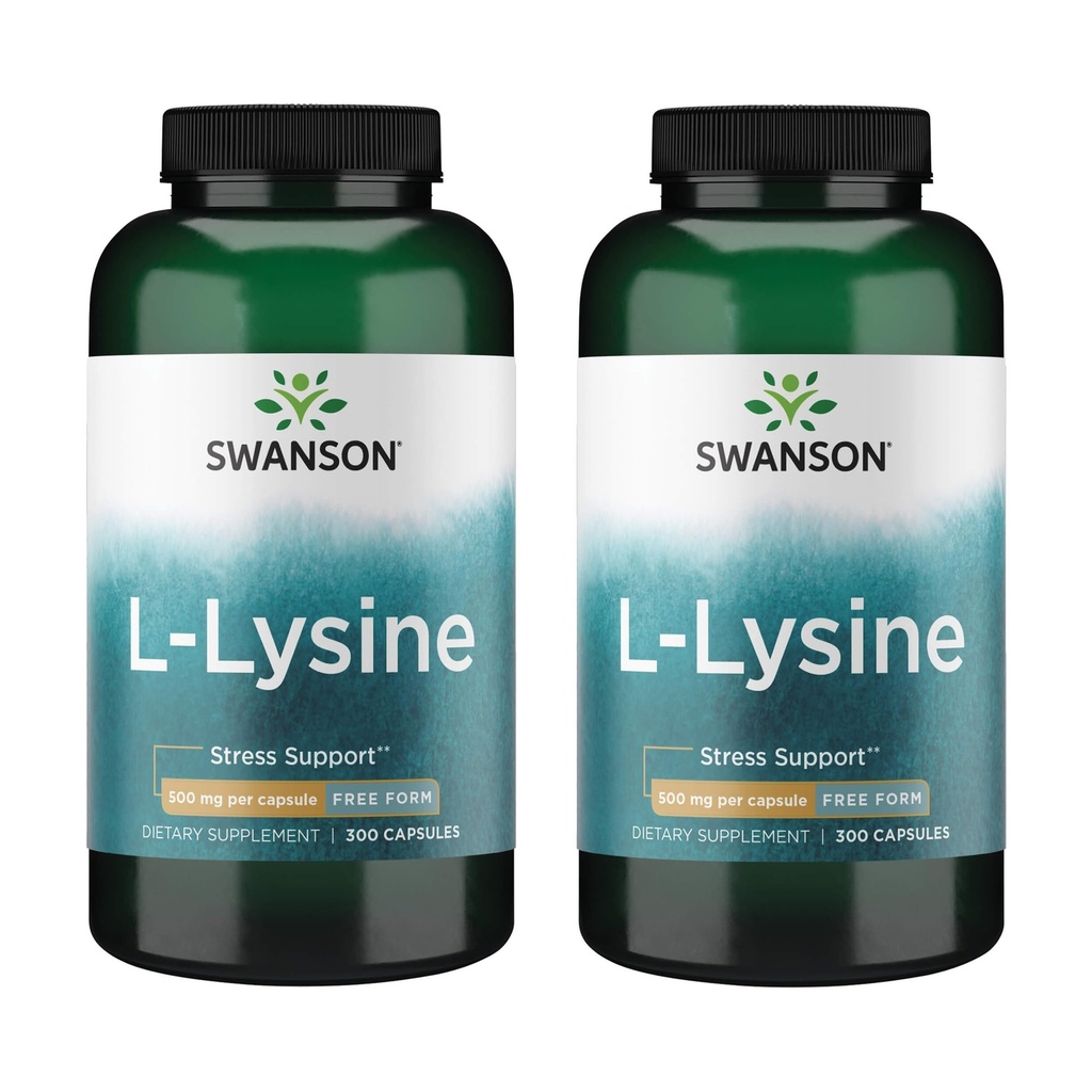 Swanson Free Form L-Lysine - 促进压力支持和神经系统保健的天然补充 - 可能促进平静和放松 - (300卡普尔,每包500毫克) 2 Pack