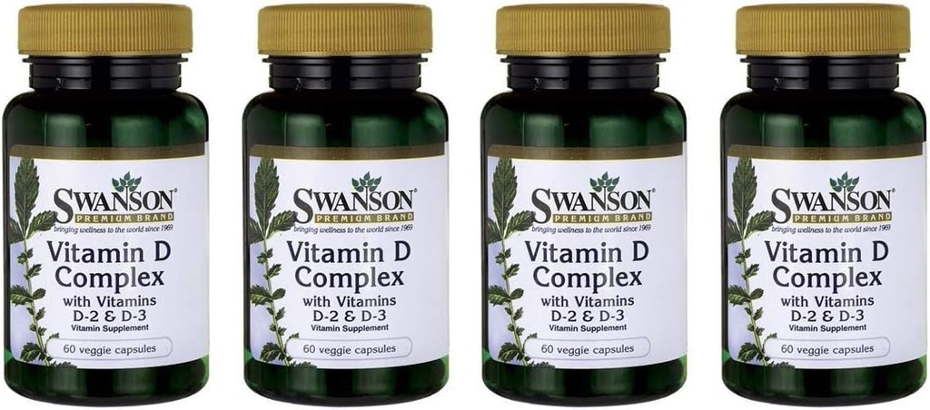 Swanson 维生素D 配有维生素D2 & D3的复合体 - 骨,牙科和免疫健康全阳光维生素复合体 - 维生素补充体(50 mcg,60 Veggie Capsules) 4 Pack