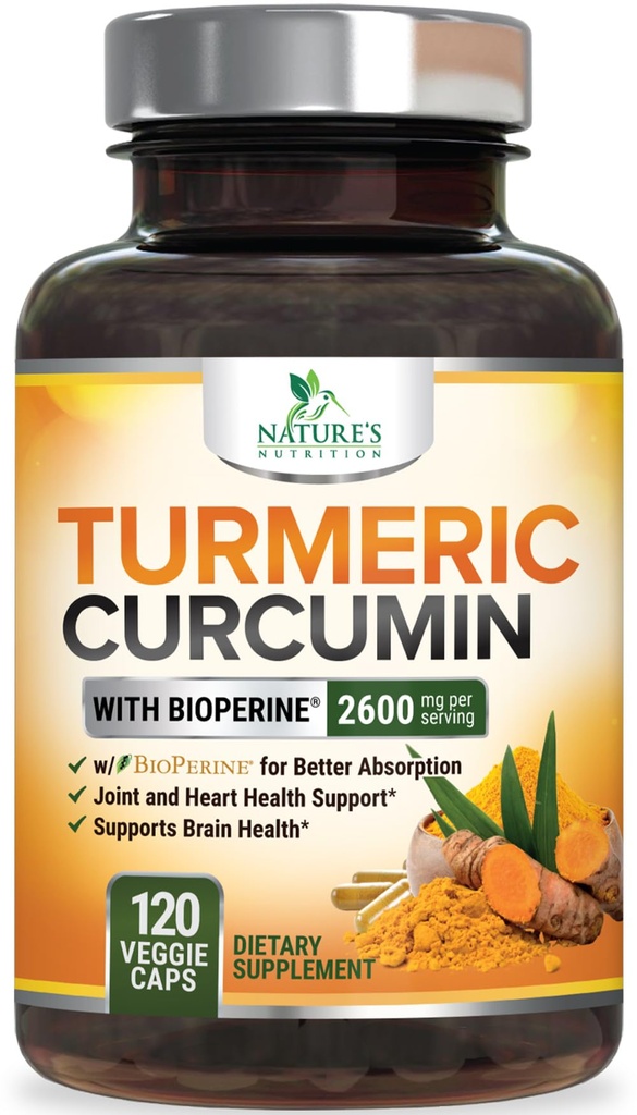 Turmeric Curcumin 补编 2600mg - 95% Curcuminoids 有机Turmeric & BioPerine Black Pepper 提取最佳吸收、天然维冈联合支持、非GMO、美国瓶装 - 120 Capsules