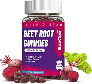 Beet Root Gummys, Beet Root Soft Chews with Beetroot, Grape种子提取器 & Beet Root Powder, Vegan, Non-GMO, 60 计数