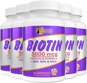 阳光自然生物素膳食补充剂. 健康皮,Thicker Hair, Nail Growth. Collagen),维生素A,B用于头发丢失,美容,细胞更新,Scalp健康. 5000mcg,90卡普尔. 5号包