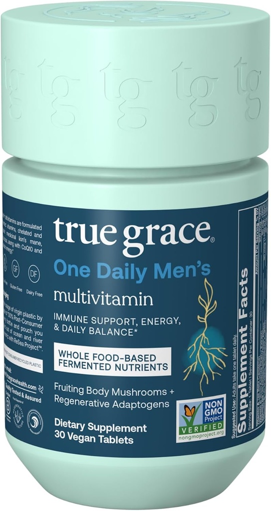 True Grace One Daily Men的多维特敏发酵矿物,有机适应原体和蘑菇 全身平衡液,耐力,骨骼和心脏支持 - 非GMO,Gluten Free - 30 Vegan 片
