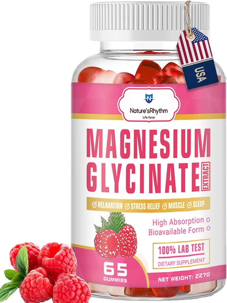 Nature's Rhythm Magnesium Gummys 500mg - 65 Ct Glycnate 放松、减轻压力和成人与儿童睡眠补充剂