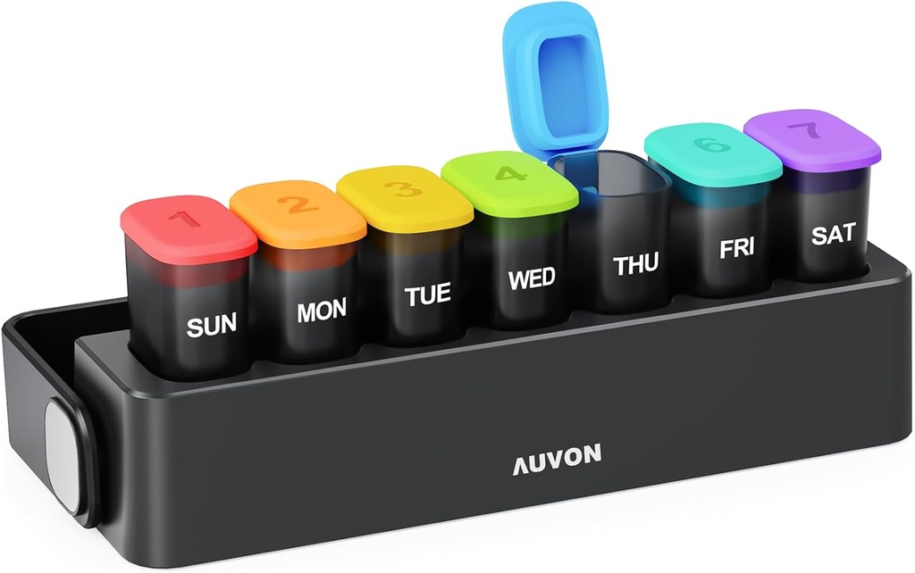 AUVON Moisture-Proof Weekly Pill 组织者,配有锁定设计,Sleek Pill Box 7天易用,保护隐私的黑药丸案,药物的药丸持有者,维生素,鱼油,补充品