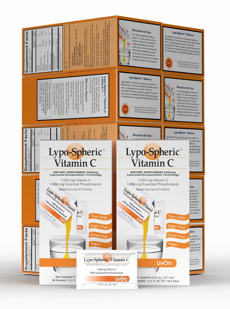 Livon实验室 Lypo – 球状维生素C – 1 000 mg 维生素C 和 1 000 mg 基本磷脂 – Packet – Liposome 封装用于改进吸收 – 非 GMO(12卡顿,360包)
