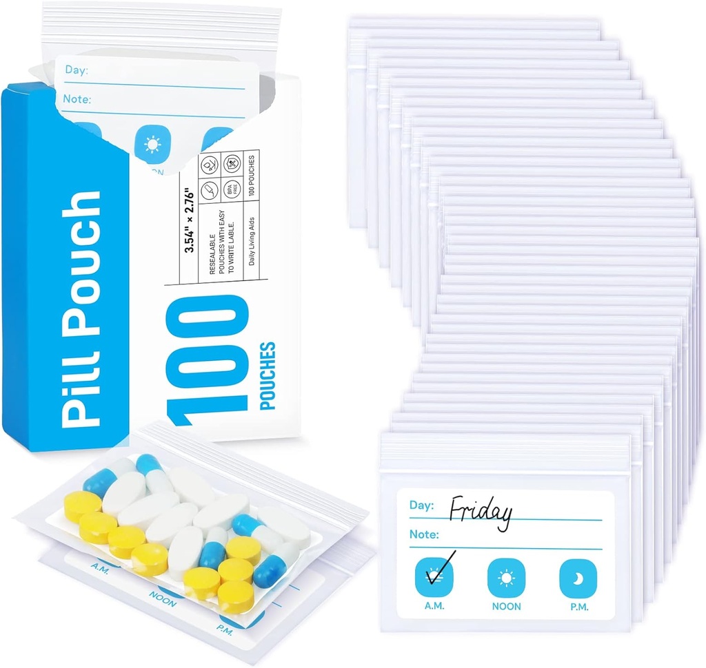 ZIKEE Pill Bags for Travel, Recused Pill Pouches BPA Free 2.75"×3.54),24种鱼油具有XL容量的每日药袋,具有自定义书写区的维生素组织者(100计).