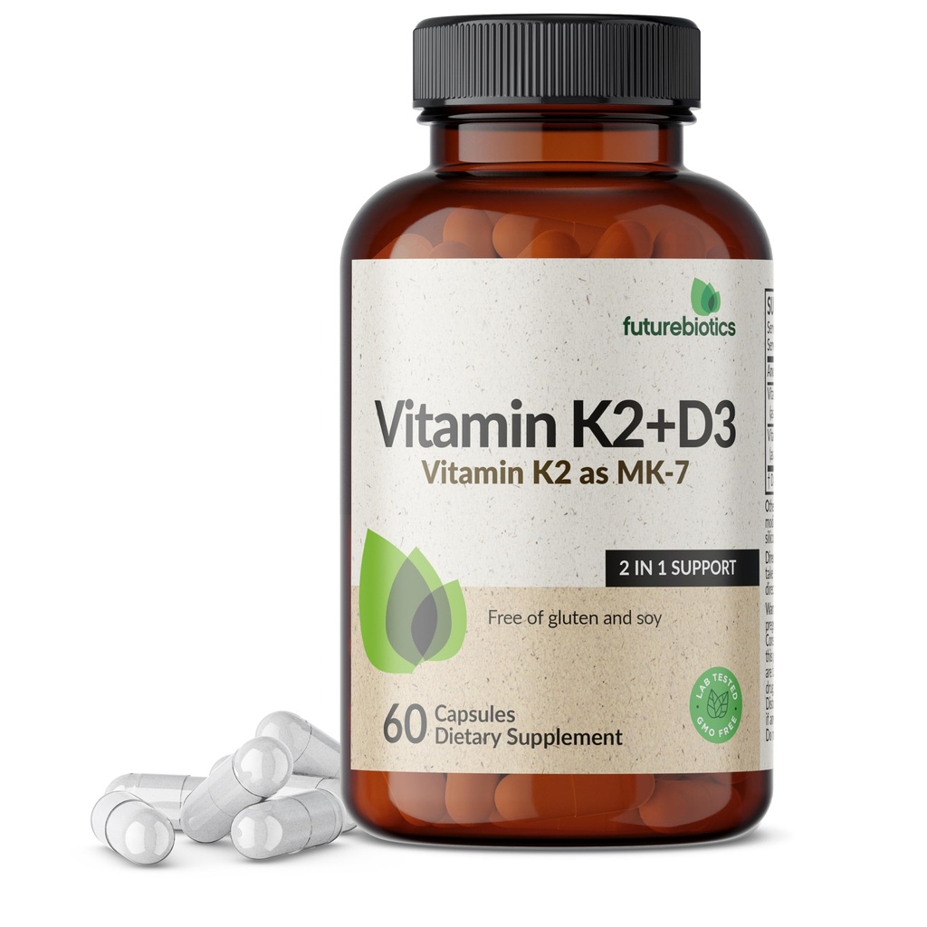 未来生素 K2 (MK7) 配有 D3 补充剂 - 非 GMO 公式 - 5000 IU 维生素 D3 & 90 mcg 维生素 K2 MK-7, 60 蔬菜卡普尔