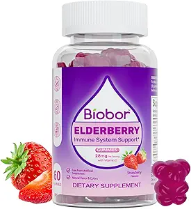 Natural Elderberry Gummys, " 成人和儿童4岁日用维生素C支持Gummys " , " Gluten Free Vegan Elderberry补编 " (Strawberry, 60 Counter)