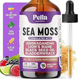 Sea Moss和Ashwagandha液体补充剂 -- -- 与狮子马恩、黑种子油和Bladderwrack -- -- Vegan、易混合公式 -- -- 支持抗氧化剂活动和免疫健康(Mixed Berry,60mL)