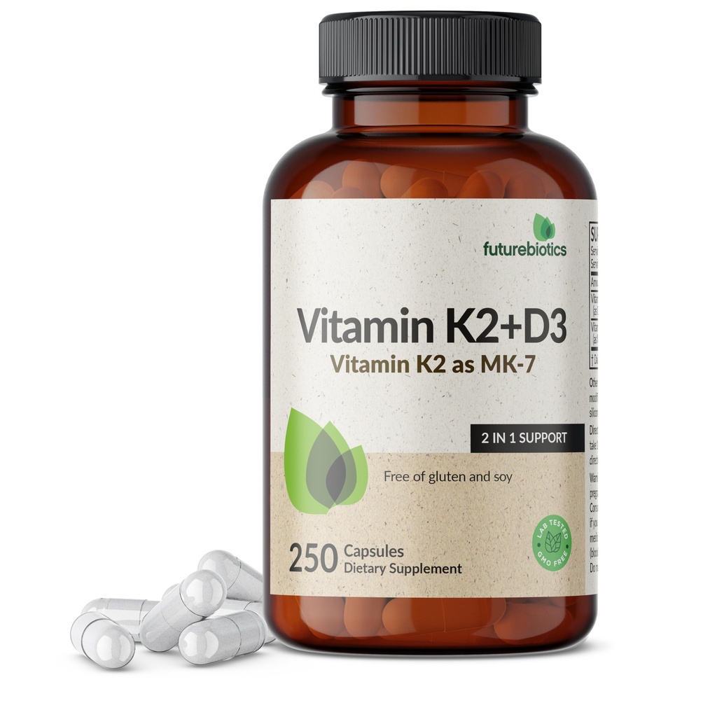 未来生素 K2(MK7) 配有 D3 补充剂 - 非GMO 公式 - 5000 IU 维生素 D3 和 90 mcg 维生素 K2 MK-7, 250 蔬菜卡普苏莱斯