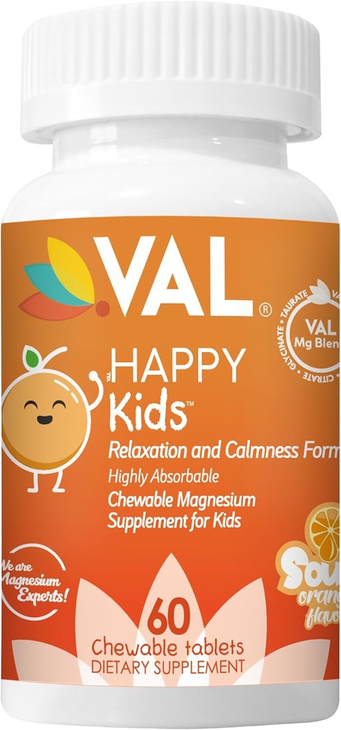 VAL Kids Magnesium QQ 冷静 + 聚焦公式 + 100 mg Mg (Glycnit, Citrate, Taurate) + B6, D3, C QQ 无糖,非GMO QQ 趣味烹饪片 + 橙色 Flavor + 60 Ct