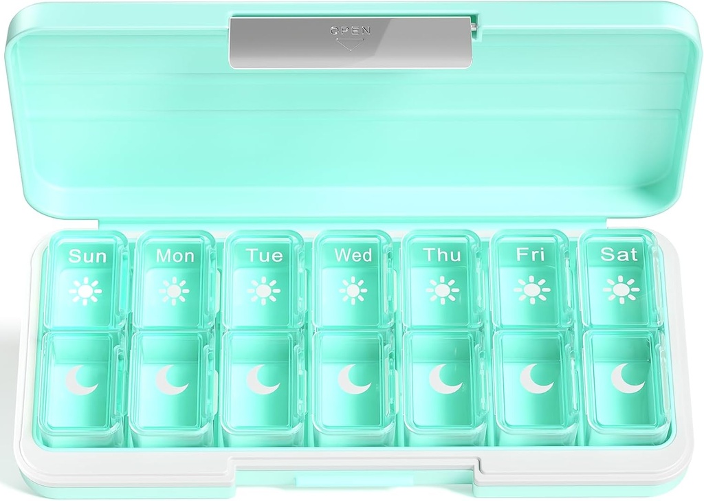 Zoksi Am Pm Pill 组织者 第7天,每周药盒第2次每天,药物药盒组织者单独配药,用于维生素、鱼油、药品(绿色)的旅游药盒药剂师