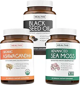 省下8元(16% Off) - 和谐基本要素:健康三重奏 - 黑种子油 - 100% Cold-Pressed Nigellia Sativa - 有机 Ashwagandha - 天然肾上腺素和甲状腺素支持 - 爱尔兰海 Moss - Vegan