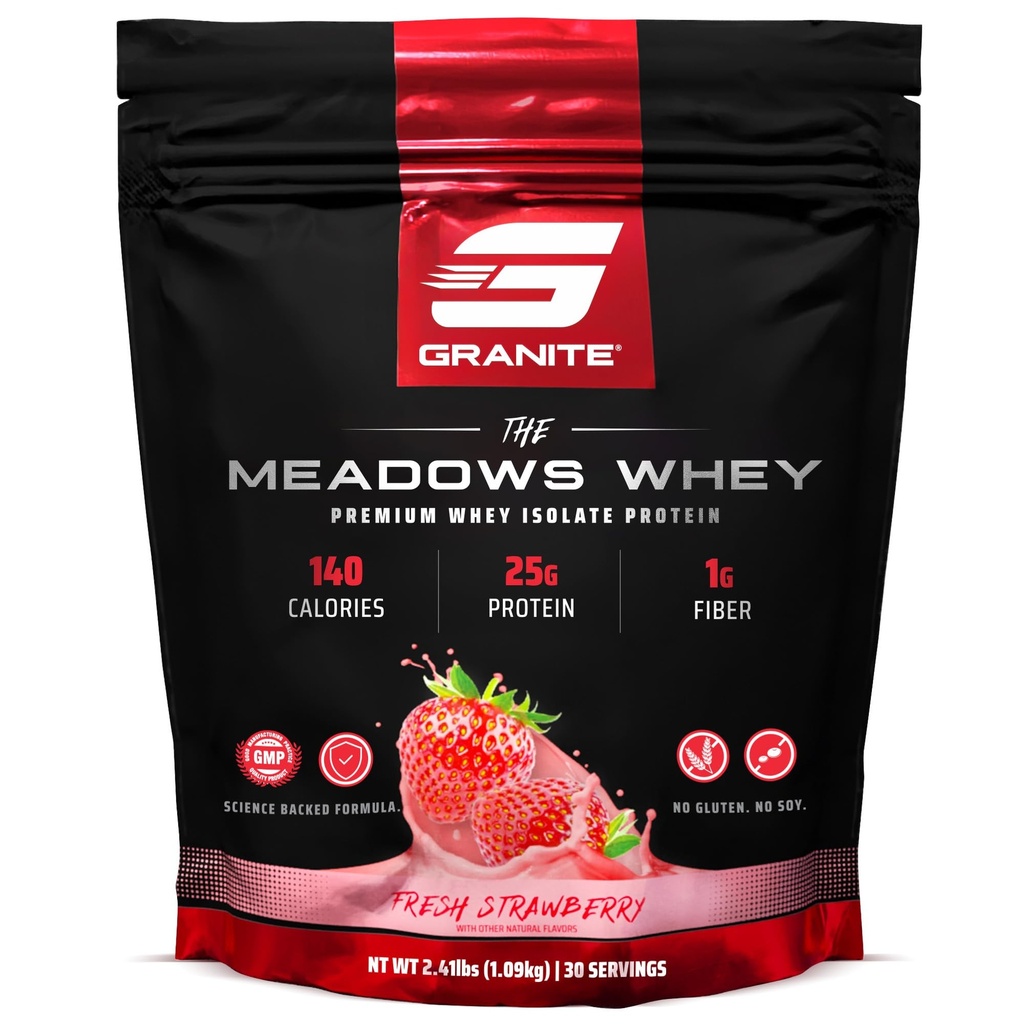 花岗岩补充剂 Meadows Whey 蛋白质异硫酸蛋白粉,配有150个卡路里,2g纤维,1g糖(30种),新鲜草莓火焰