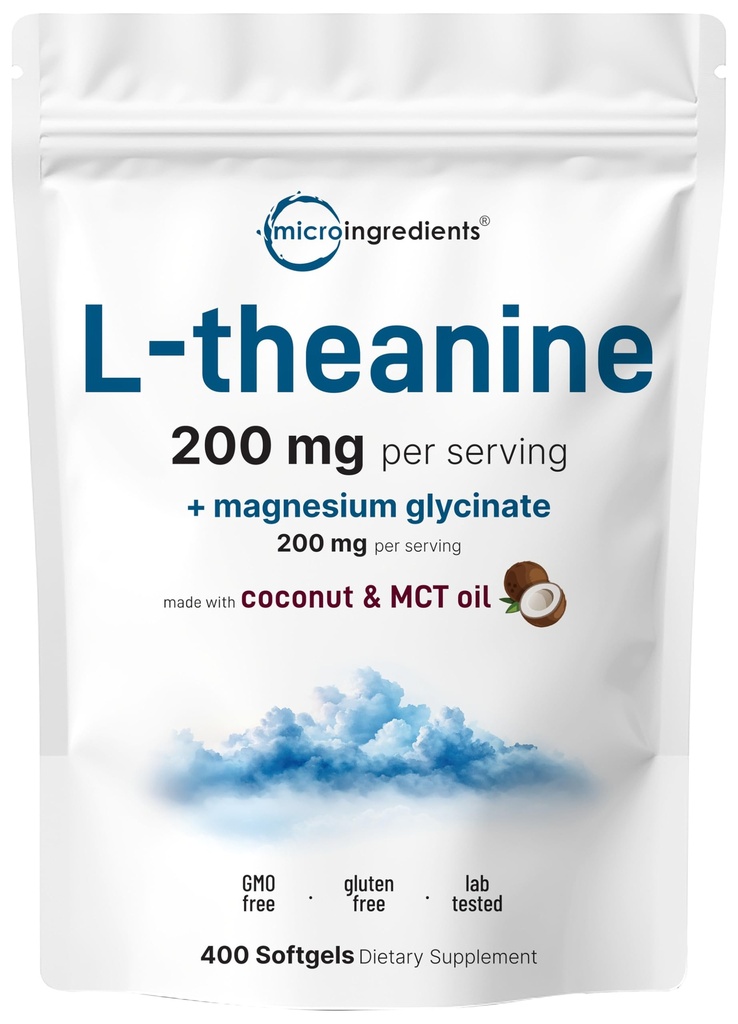 L-Theanine 200mg 配有甘化镁,400个椰子MCT 油软胶 → 放松,聚焦和肌肉支持补充 → 2-in-1 氨基酸和矿物综合体 → 热心全天和夜