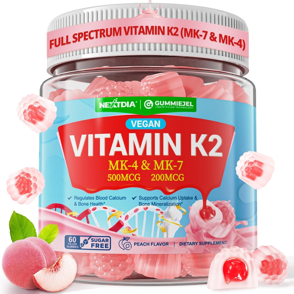 维生素K2 Gummies MK-7 200 mcg & MK-4 500 mcg 女性和男性无糖,完美 2-IN-1 全谱 维生素K2 补充 Bone,He-art,促进钙吸收,脑,牙齿,Immune,1Pack