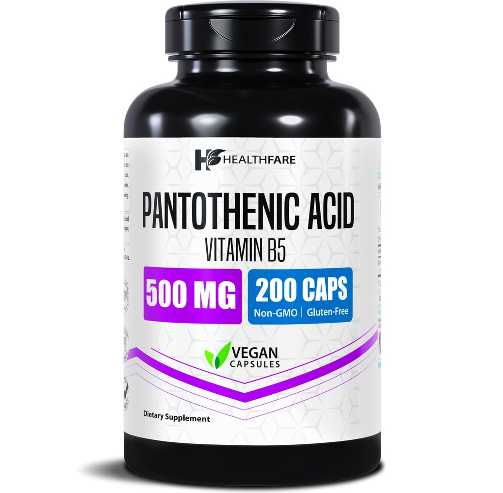 健康 泛神酸500mg 维生素B5 补充 | 200 Vegan Capsules | 超强能量与代谢支持 | Non-GMO,Gluten-Free | | 美国制造