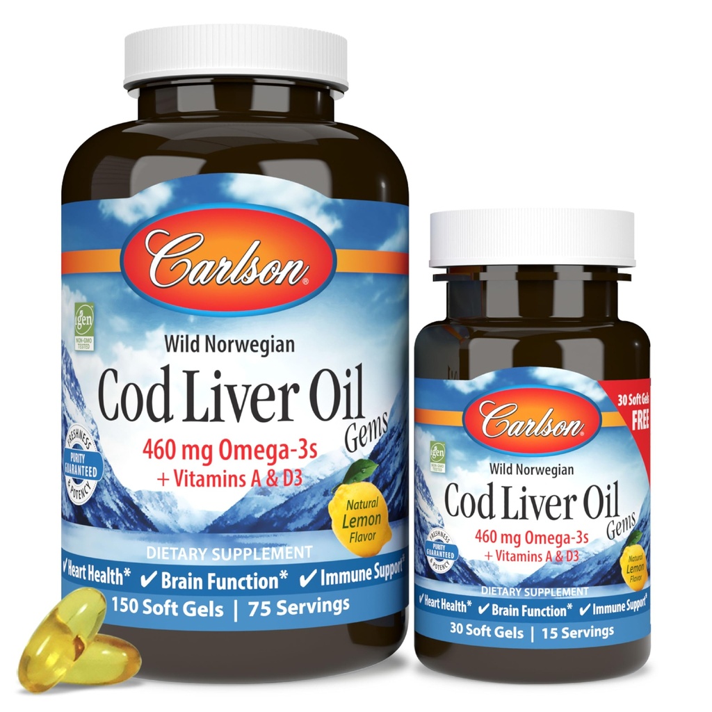 Carlson - Cod Liver Oil Gems, 460 mg Omega-3s, Plus Vitamins A and D3, Wild Caught Norwegian Arctic Cod, Sustainably Sourced Nordic Fish Oil Capsules, Lemon, 150 + 30 Softgels