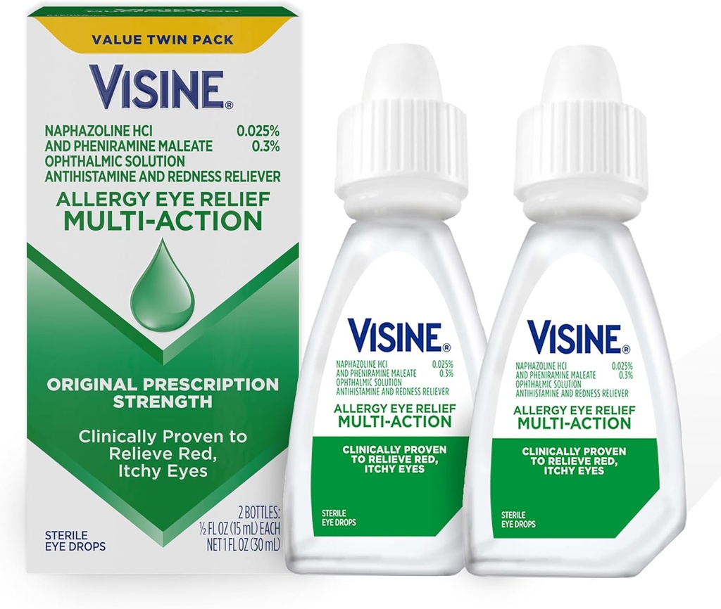 Visine过敏眼部救济 多动作抗希斯胺和红外救眼器 与 Pheniramine Maleate & Napazoline HCl ,红、痒、过敏眼眼眼眼滴眼治疗,0.5 f.oz, 2 Pack