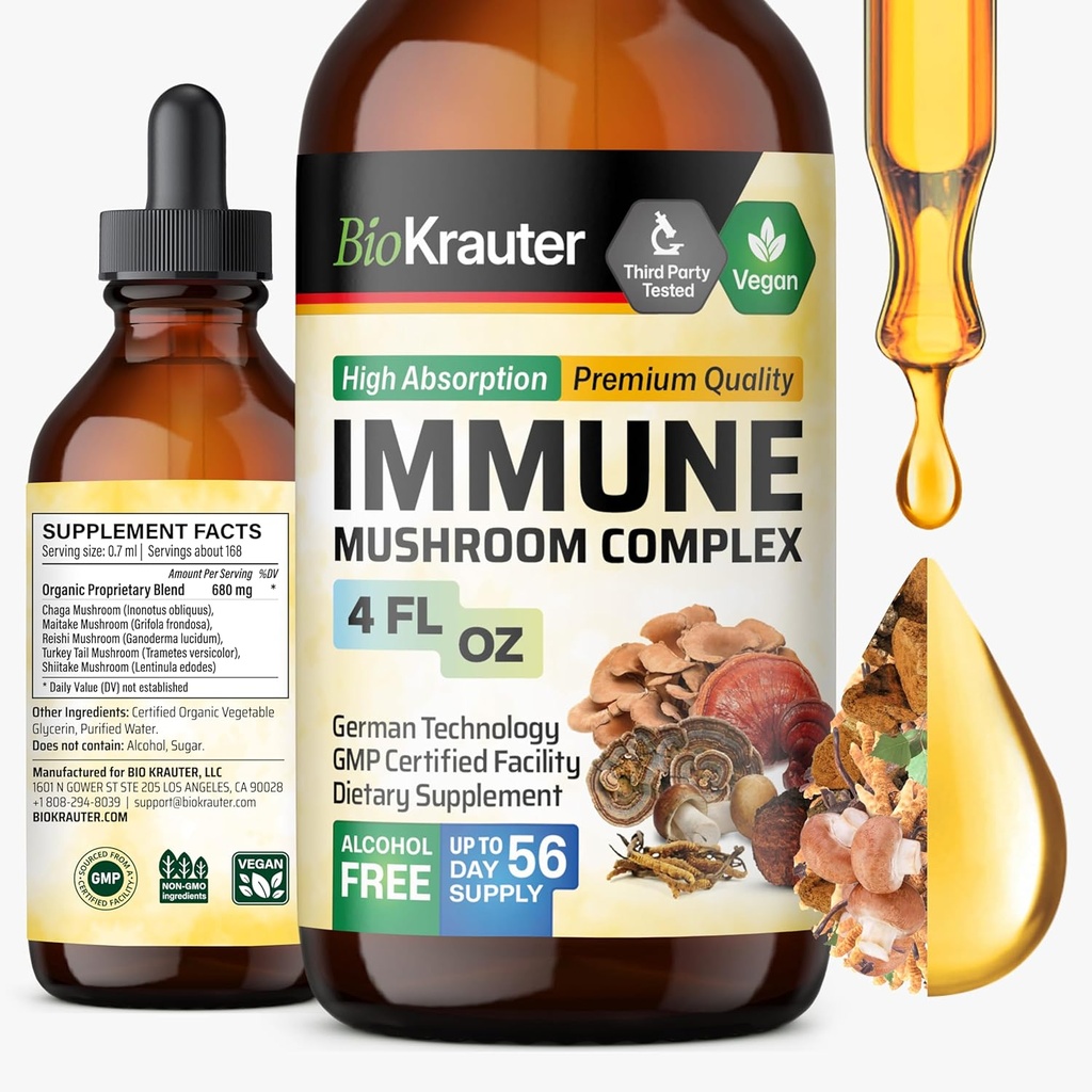 BIO KRAUTER 支持蘑菇补充剂 - Lions Mane, Shiitake, Turkey Tail, Reishi, Chaga & Maitake 液体提取剂 - 蘑菇复合剂 - Vegan Drops 4 Fl.Oz.