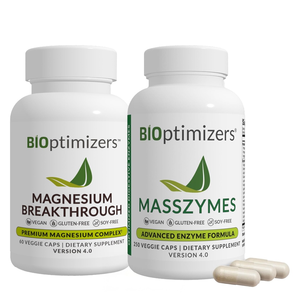 BiOptimers 镁突破4.0(60 Capsules) & MassZymes 4.0(250 Capsules) - 自然睡眠,大脑和消化健康支持补充剂 Bundle