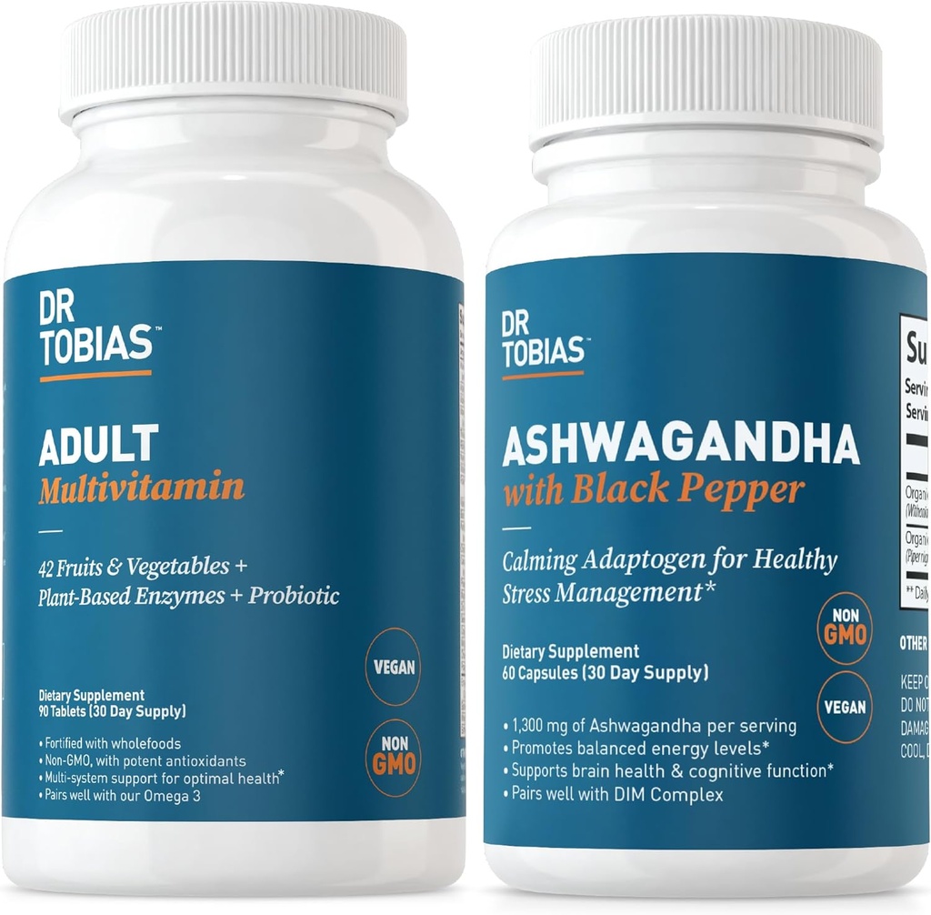 Tobias 成人多维坦和Ashwagandha Capsules博士,支持总体健康及平衡能源和复原力,Vegan,非GMO