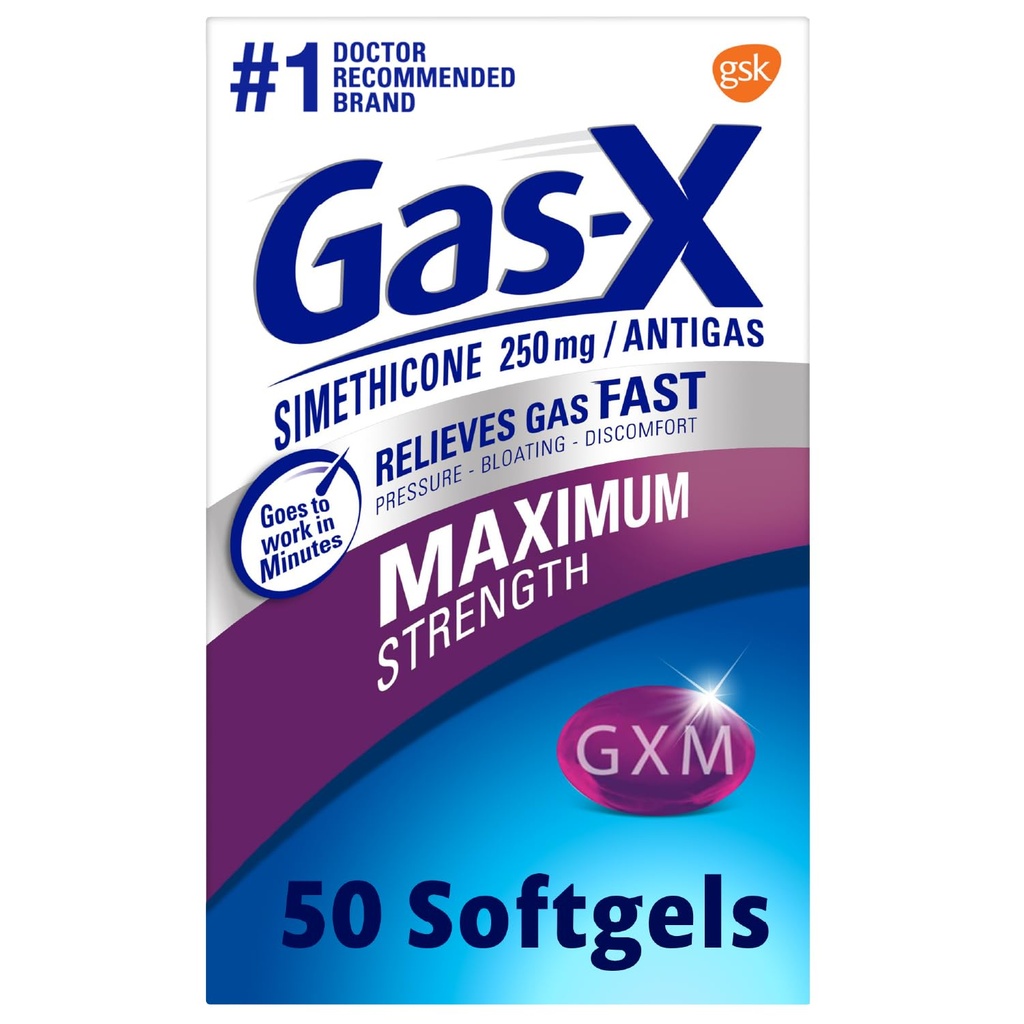 Gas-X 最大强度气体减量软胶,Simethicone 250毫克,用于Bloating Relief - 50 Counter