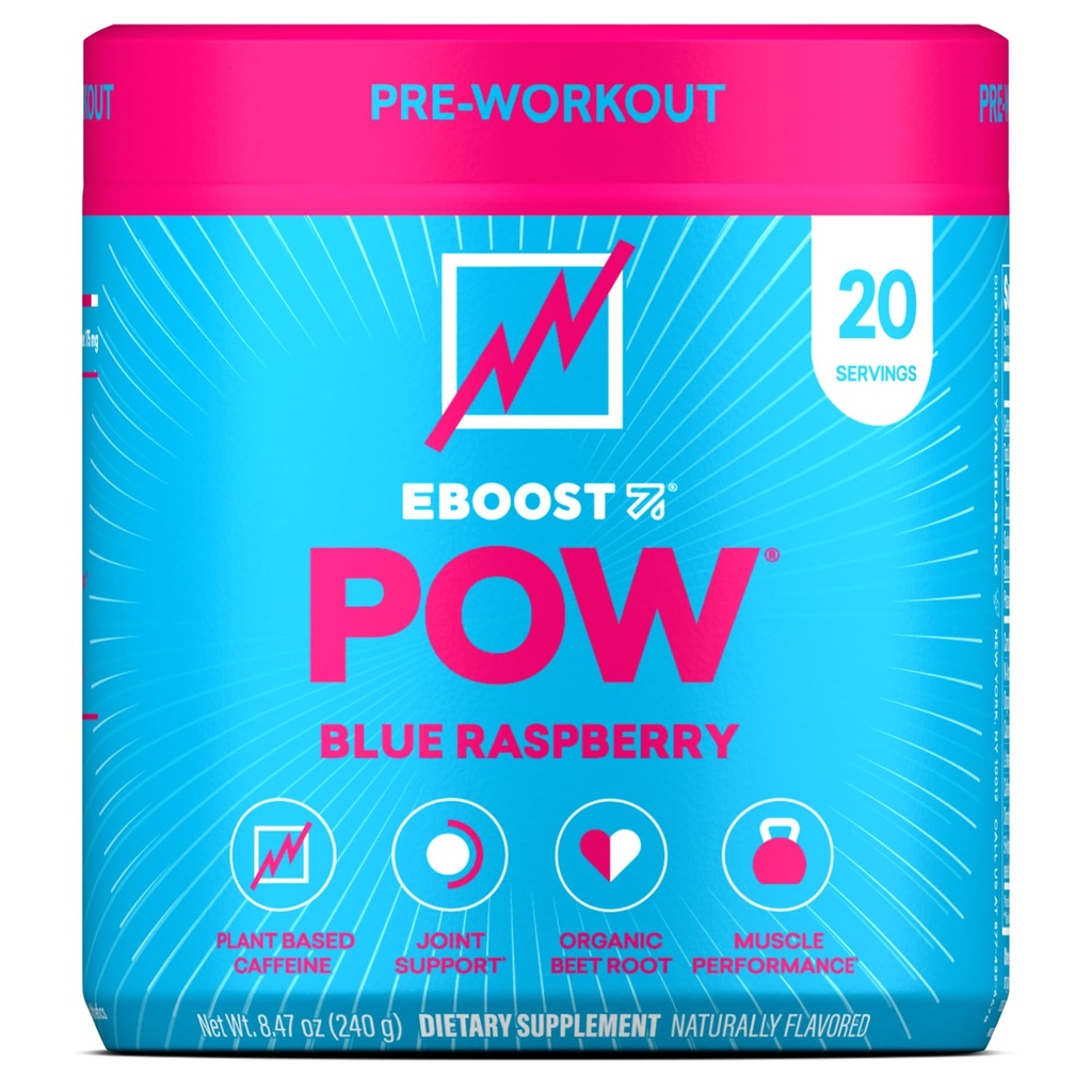 EBOOST POW Natural Pre Workout Powder – 20 Servings - Blue Raspberry - A PreWorkout Supplement for Performance, Joint Mobility Support, Energy - Men and Women - Non-GMO, Gluten-Free, No Creatine