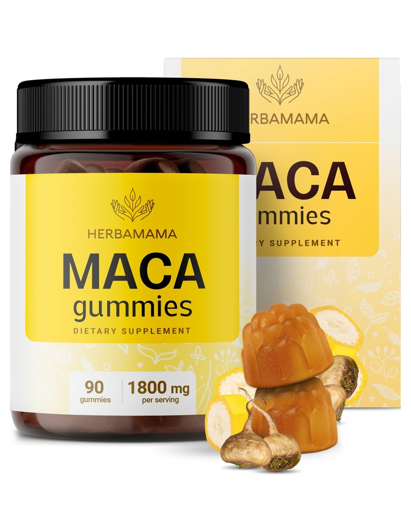 HERBAMAMA Maca Root Gummys - 1800mg Maca Root 提取供能源支持 - Vegan,非GMO抗氧化剂支持补充 - 90 Pectin-Banana-Flavorored Chews