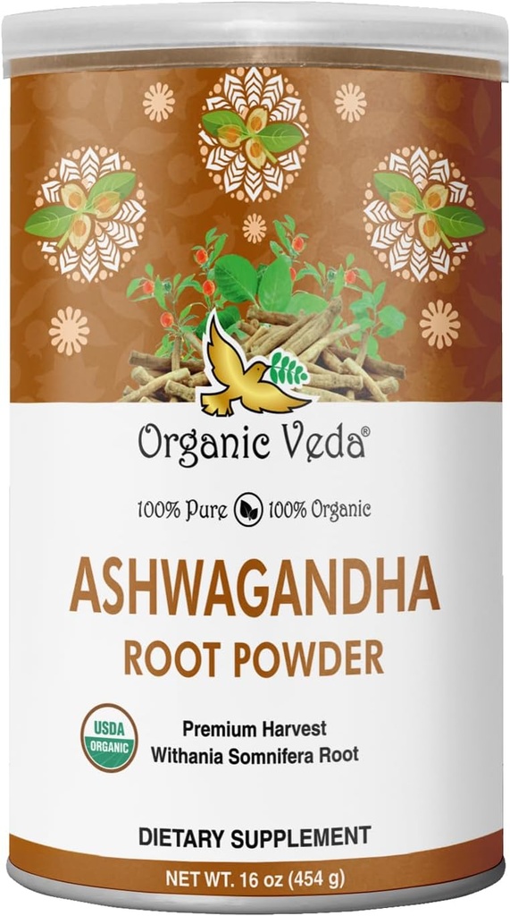 有机维达Ashwagandha根粉,16oz - 100%纯和天然Ashwagandha粉,Withania Somnifera - 改进Mood,Stamina,支持豁免,能源 - Vegan,非GMO