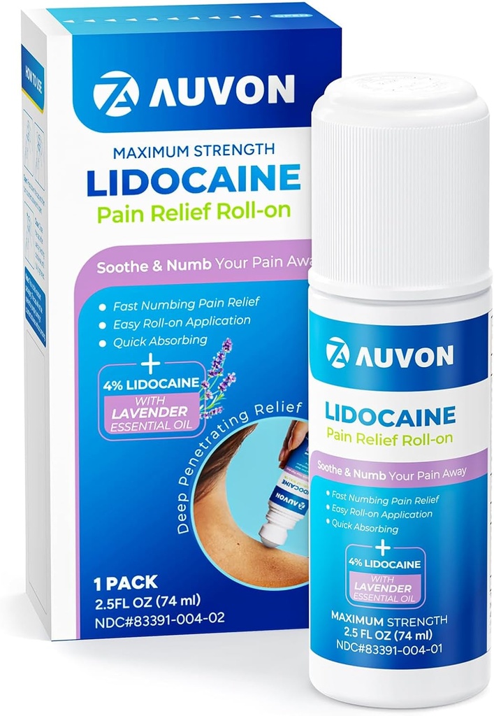 AUVON Lidocaine 滚动与基本石油,无梅斯应用器, Max Force Lidocaine, 为膝盖、肩部、FSA/HSA 合格, 2.5 OZ, 1 Pack