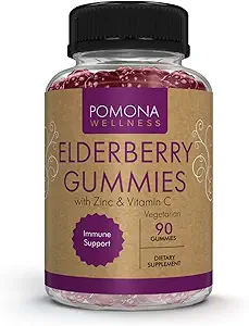 Pomona Wellness Elderberry Gummys 配有锌和维生素C,用于免疫支持 3-1 烹饪型黑色老年莓 Gummy 儿童与成年人补充,Vegan,90 Gummys