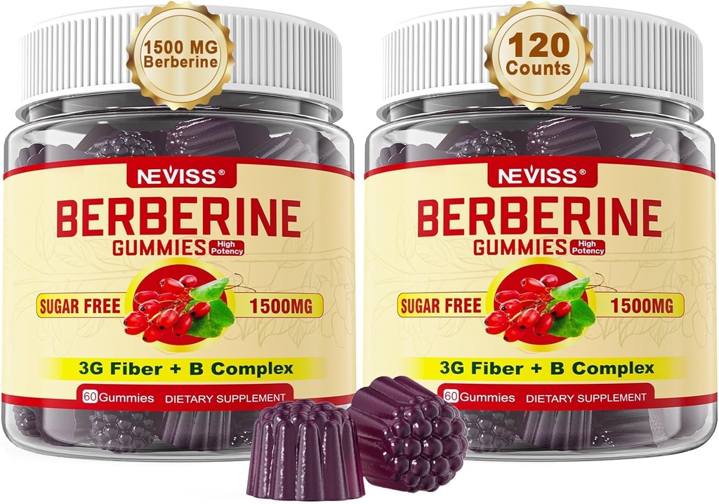 NEVISS Berberine 补充 1500mg, AMPK 激活器,带有3G Prebiotive Fiber, B1 B3 B6, 男女无糖 Berberine HCL Gummys - 支持Immune系统, Digestive, 2 pack 120 Cts