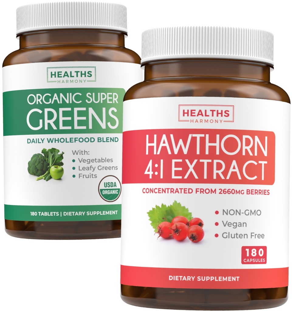 Super Greens & Hawthorn Extract(3-Month Supplement) 有机超级绿化粉末的Super Berry Blend Bundle - 完整的Superfood & Hawthorn Berry 4:1 Extract - 高强度提取(180 Capsules)