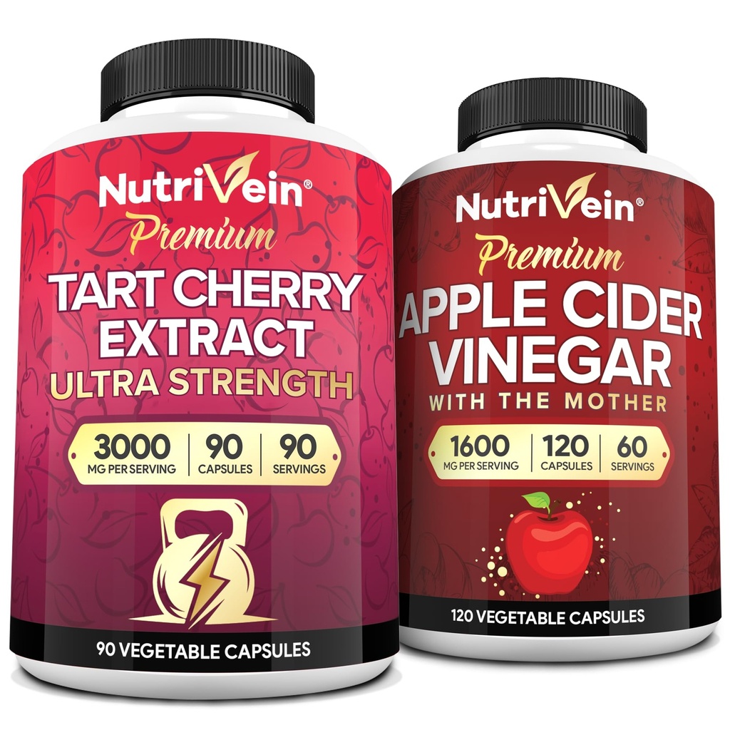 Nutrivein Premium Tart Cherry 500mg & Apple Cider Vinegar 1600mg Bundle - 肌肉恢复和Uric酸清洁剂+消化剂支持和重量管理 - 非GMO, Vegan/Vegetarian - 90+120 药丸