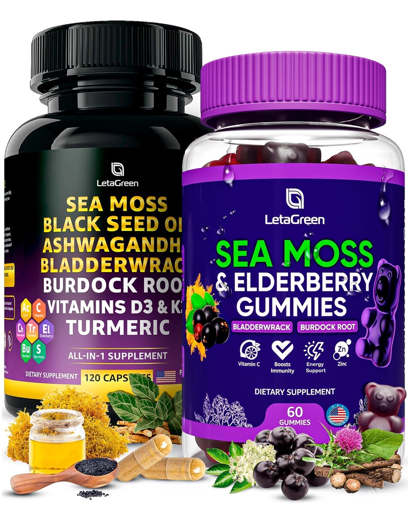海蚊鱼笼盖 + Gummys Bundle, 60 Irish Sea Moss Gummys + 120 Ocean Wild Seas Mouss Capsules with Vitamins and Minerals