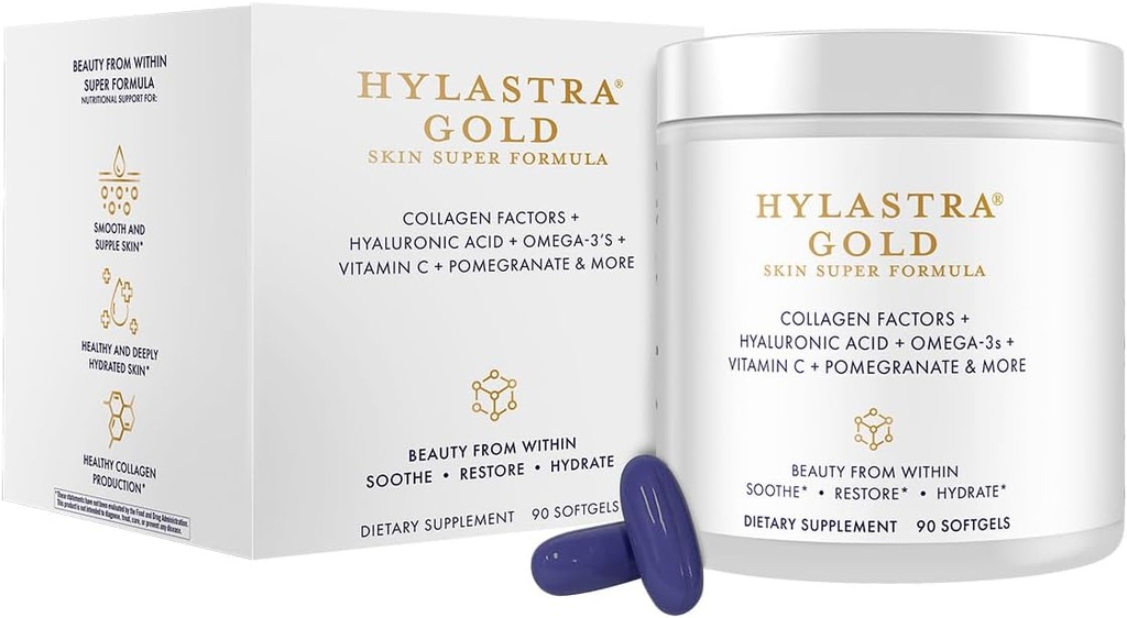 纯度产品 Hylastra Gold Softgels Collagen + Hyaluronic Acid + Beauty 推动动力室内材料 - 增加皮肤水分和弹性 - 减少细线和皱纹 - 90 软胶