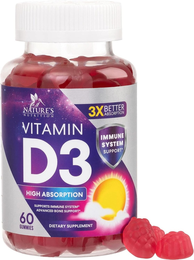 维生素D3 Gummy 5000 IU(125 mcg) - 男女膳食维生素D补充剂 - 骨,牙齿,肌肉和免疫健康支持,高概率VIT D3 自然的非GMO和Gluten Free - 60 Gummies