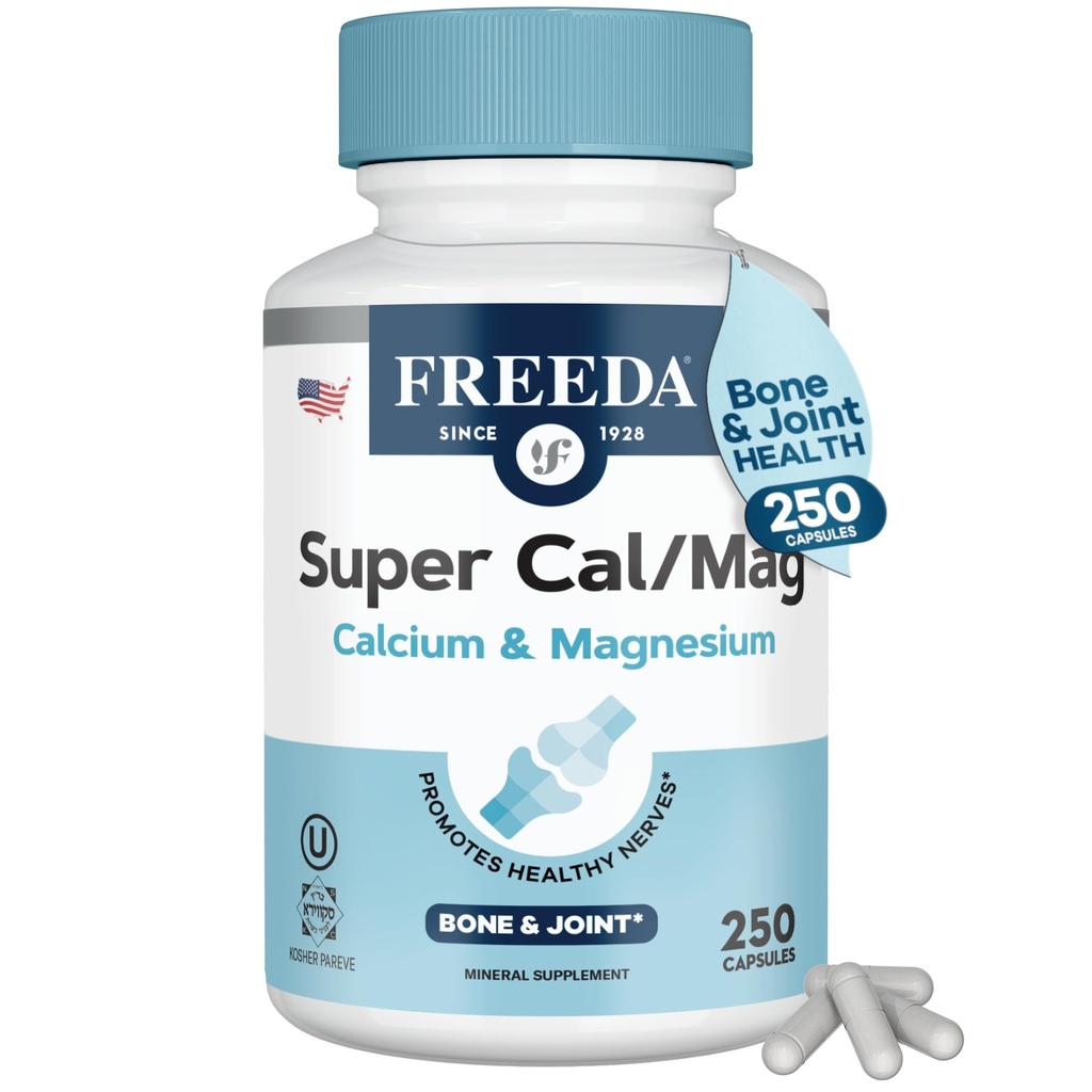 Freeda Super Cal/Mag – Kosher Vegan Bone 健康补充 – 支持 Bone 力量, Nerve 函数和肌肉放松 – 蔬菜钙 磁性胶囊 – 第三方测试 – 250 Capsules