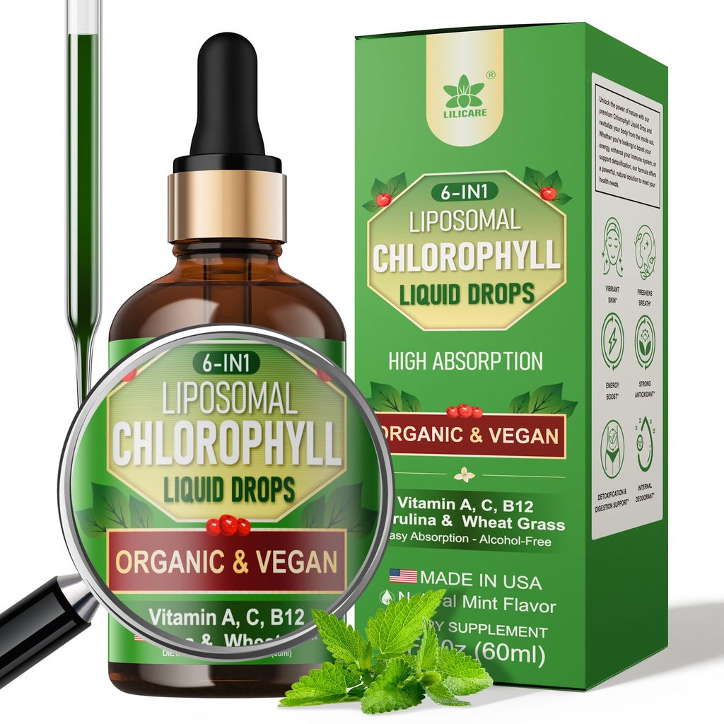 女性和男性的有机氯酚液滴,6-in-1绿色超食品Vegan氯酚 w/Spirulina,小麦草,用于内除臭剂*的维生素C B12 A,能源,Digestive,1Packs/2 Fl Oz