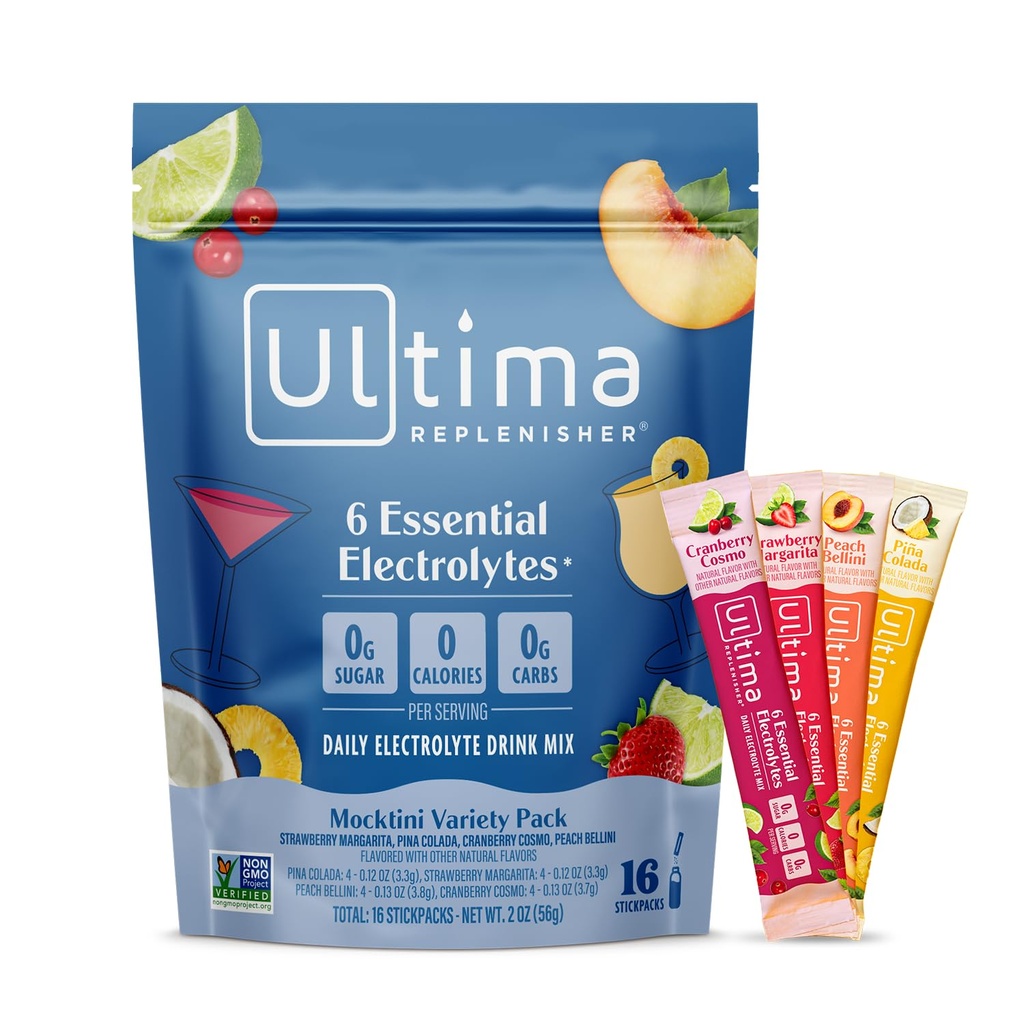 Ultima Replenisher Daily Electrolyte Powder Drinch Mix – 免糖饮料 – Mocktini Variche, 16 Sickpacks – 含6个关键电解质和追踪矿物的水解包 – Keto 友好,非GMO