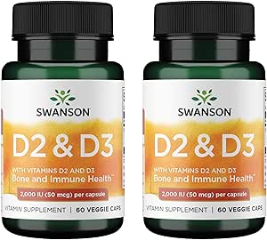Swanson 维生素D 配有维生素D2 & D3的复合体 - 骨,牙科和免疫健康全阳光维生素复合体 - 维生素补充体(50 mcg,60 Veggie Capsules)(2 Pack)