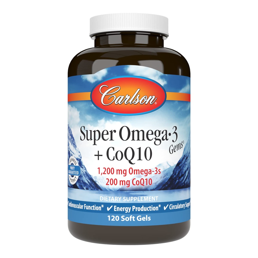 Carlson - Super Omega-3 Gems + CoQ10, 1200 mg Omega-3s 200 mg CoQ10,循环函数,能源生产和循环支持,120软胶
