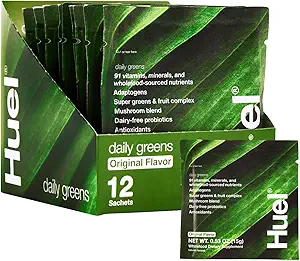 Huel Daily Greens Single Service QQ超级食品 Greens Powder 91 维生素,矿物,以及全美食品-来源成份 适应原体,抗氧化剂,Gut-Friendly Probiotics 12 Pack