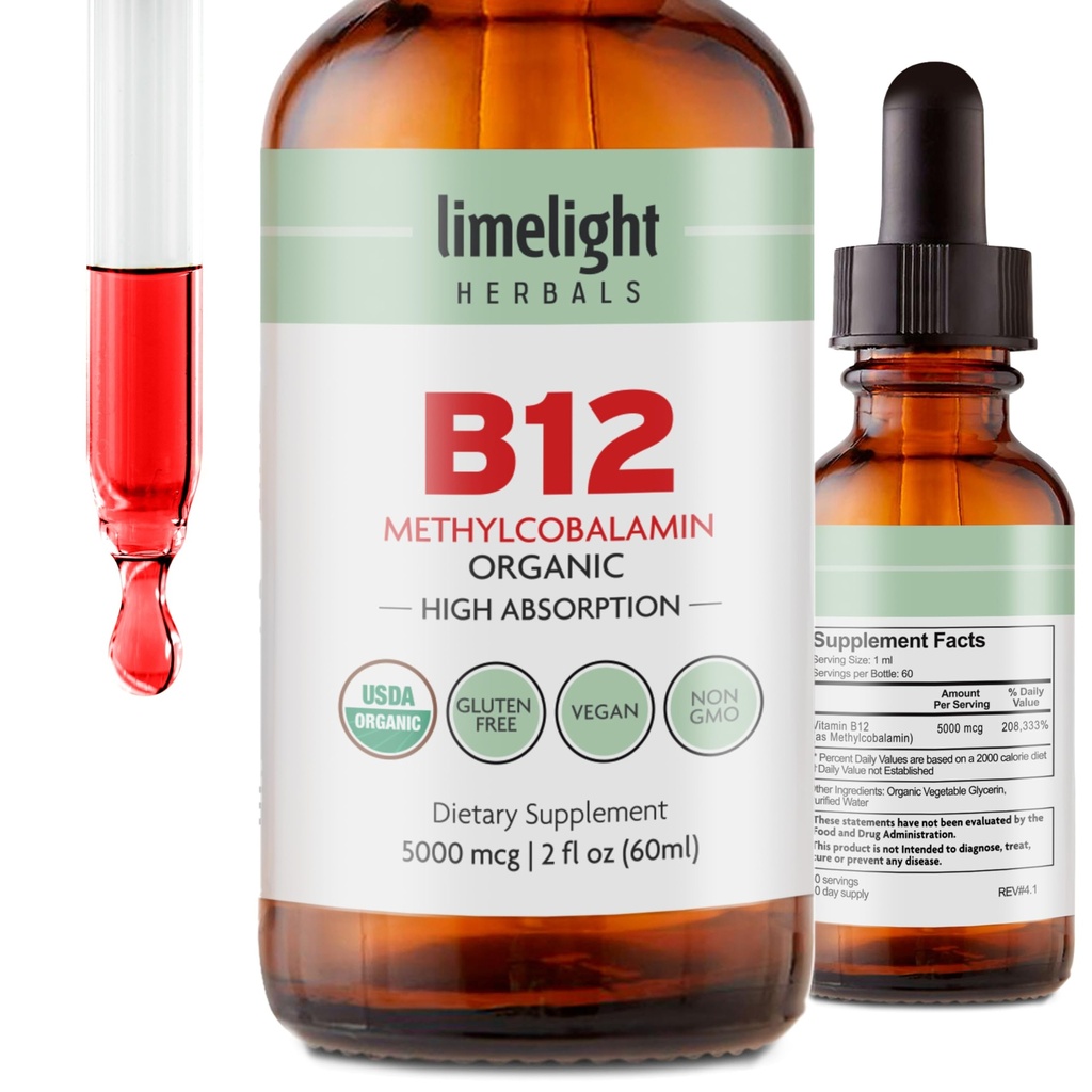 USDA有机维生素B12 液滴 – 5000 mcg 甲基Cobalamin – 亚语,快速吸附 Vegan 补充剂 – 能源,代谢,大脑,心脏和免疫支持 – 无酒精,60个服务,美国制造