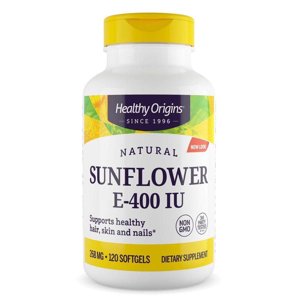Healthy Origins Sunflower Vitamin E-400 IU (Non-GMO, Gluten Free, Soy Free, Hair Support, Nail Support, Skin Support, Cardiovascular Support), 120 Softgels
